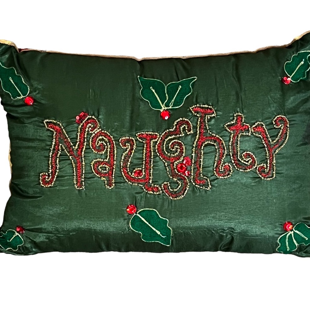 Naughty or nice silky, red and green occasional christmas reversible pillow